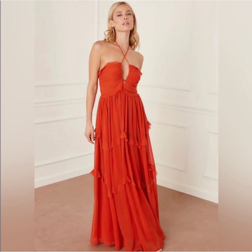 VICI Kiandra Chiffon Halter Tiered Ruffle Dress in Rust - Size L